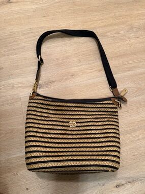 Eric Javits Striped Straw Crossbody Bag in Black and Tan
